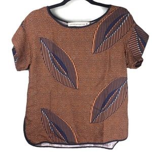 Shirtaporter 100% Italian Silk Woven Leaf & Floral Print Short Sleeve Top Small